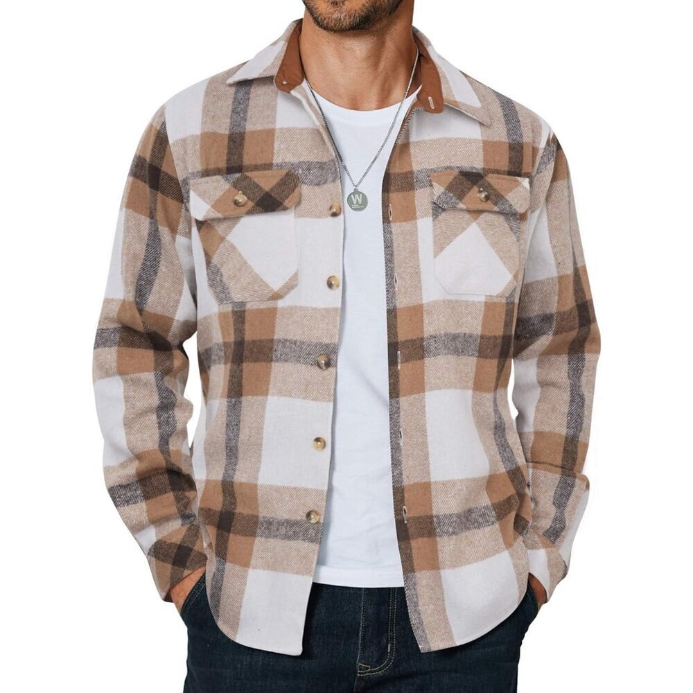 Coofandy Men Light Khaki Flannel Plaid Button Down Jacket Shirt with Pockets